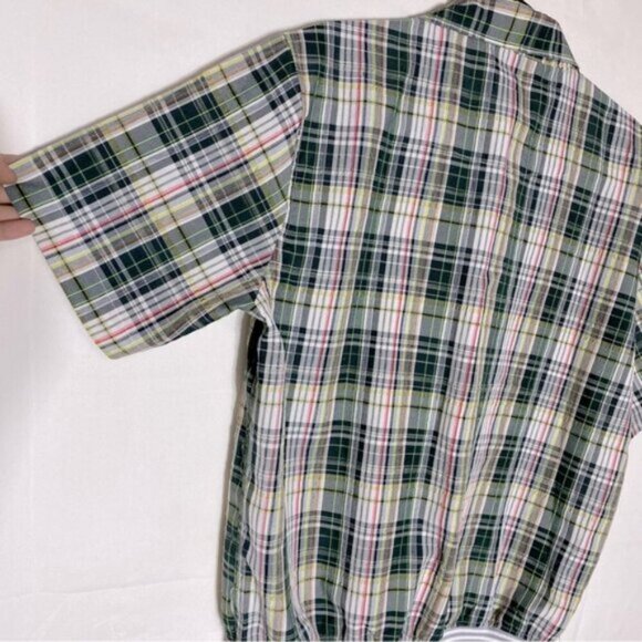 Jones New York Green Wht Plaid Short Sleeve Elastic Hem Snap Front Golf Shirt XL - Picture 9 of 14